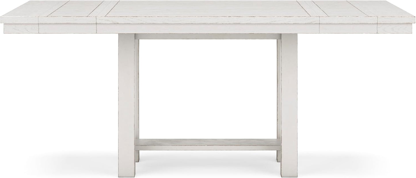 Signature Design by Ashley Robbinsdale Farmhouse Distressed Counter Height Dining Extension Table with Trestle Base, Planked Effect and 2 Removable End Leaves, White