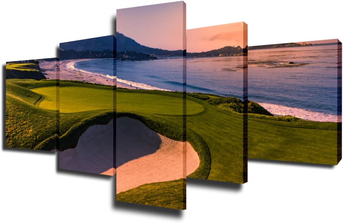 Native America Wall Pictures for Living Room Public Golf Course of Pebble Beach Wall Art 5 Piece Canvas Prints Artwork Giclee GolfingPainting Modern House Decor Framed Ready to Hang Gift(50''Wx24''H)