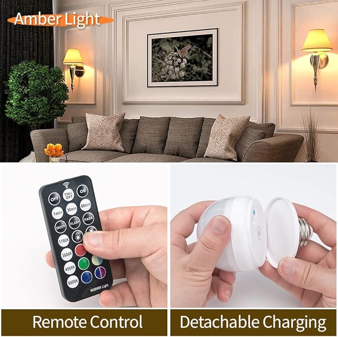 BLUEYE E12 Rechargeable Light Bulb,2Packs,300LM,40W Equivalent,Detachable Charging,4 Color Temperature,Remote Control Puck Emergency Lamp,Timer,Dimmer,Dia 62mm x H85mm for Non-Hardwired
