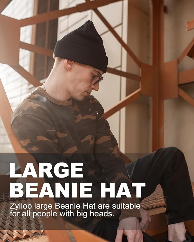Zylioo Oversize Beanie Hats, XXL Big Size Ribbed Knit Cuffed Winter Hat for Cold Weather, Warm Skull Watch Cap