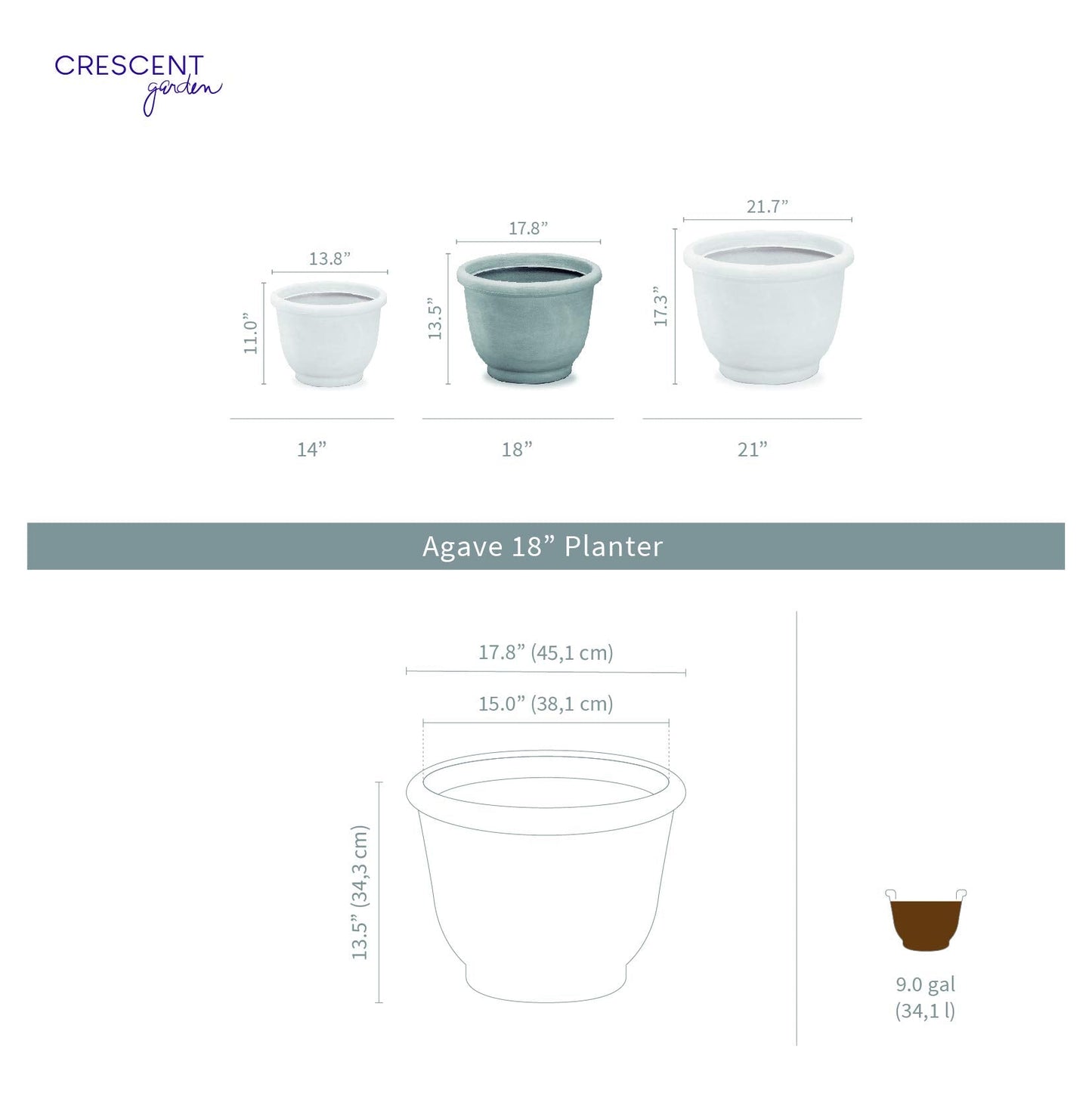 Crescent Garden Agave Planter, Classic Lightweight Resin Planter - UV-Resistant Flower Pots - Indoor & Outdoor Pot for Flowers, Houseplant, Herbs, 21" W x 17" H (Parchment)