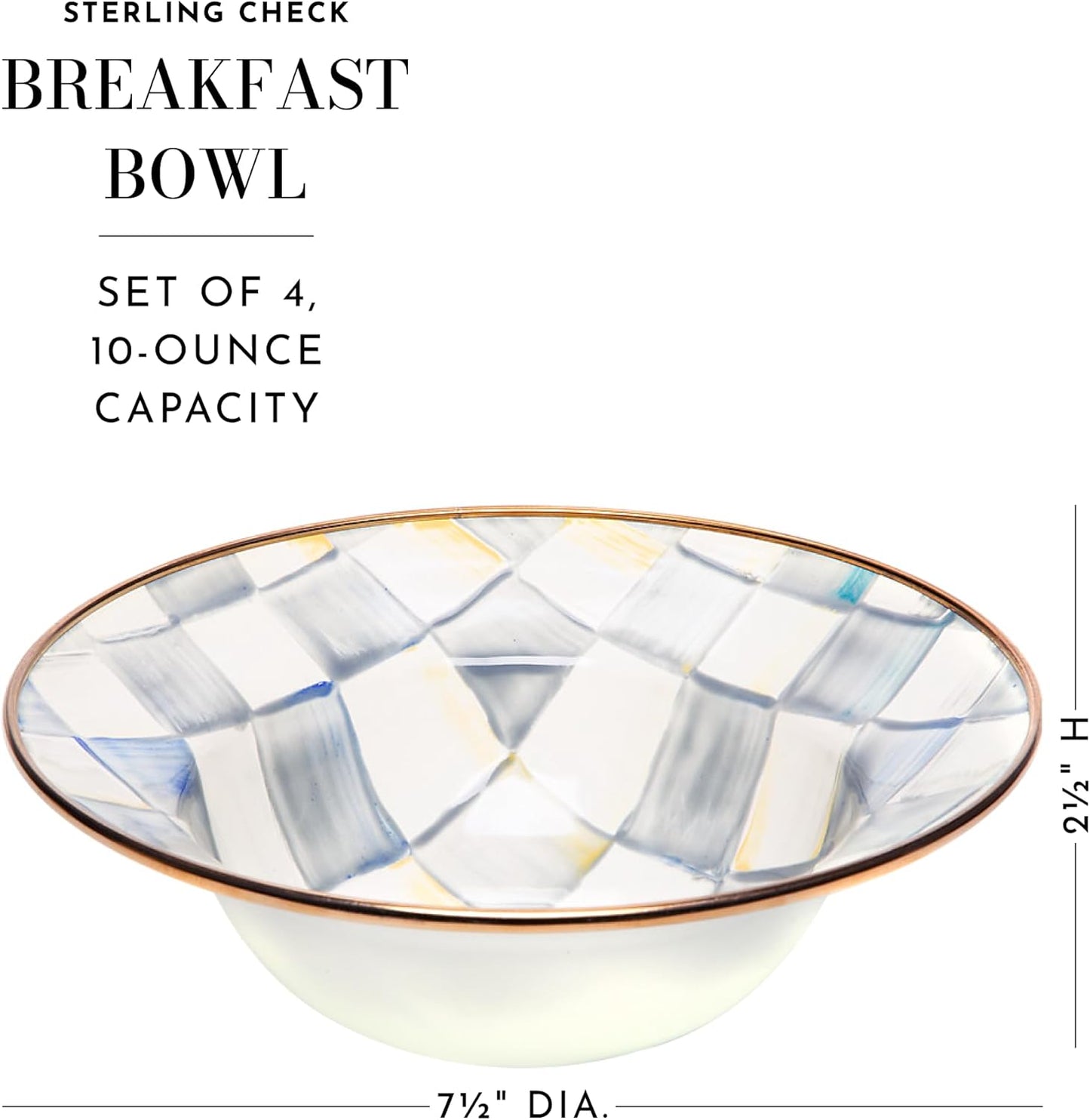 MACKENZIE-CHILDS Enamel Breakfast Bowl, Unique Soup Bowl or Cereal Bowl, Dinnerware, Sterling Check, Set of 4