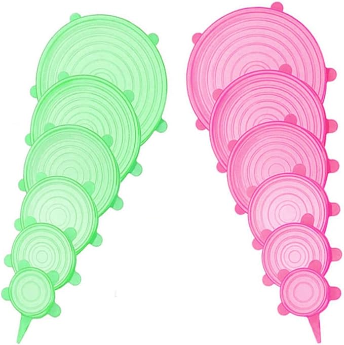 12 pcs Silicone Stretch lids set, Reusable Food Storage Covers,Silicone Bowl Covers,Flexible to Fit All Shape of Containers,Food Cover to Keep Food Fresh(6 Sizes,pink&green)