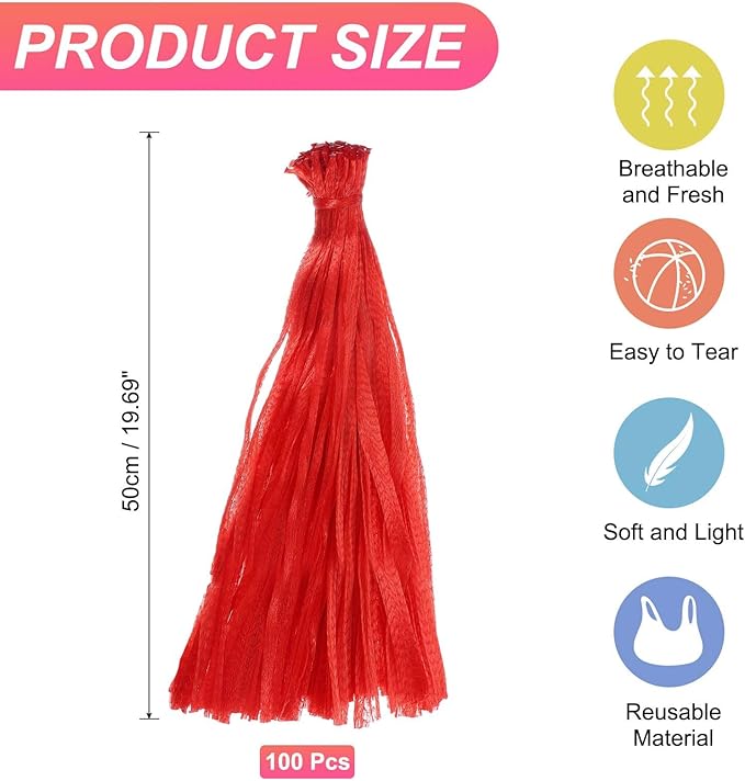 uxcell 100PCS Reusable Mesh Produce Bags, 19.7 Inches Egg Hatching Bags Washable Breathable Fruit Net Stretchable Mesh Netting Storage for Seafood Vegetable Onion Grocery Shopping, Red