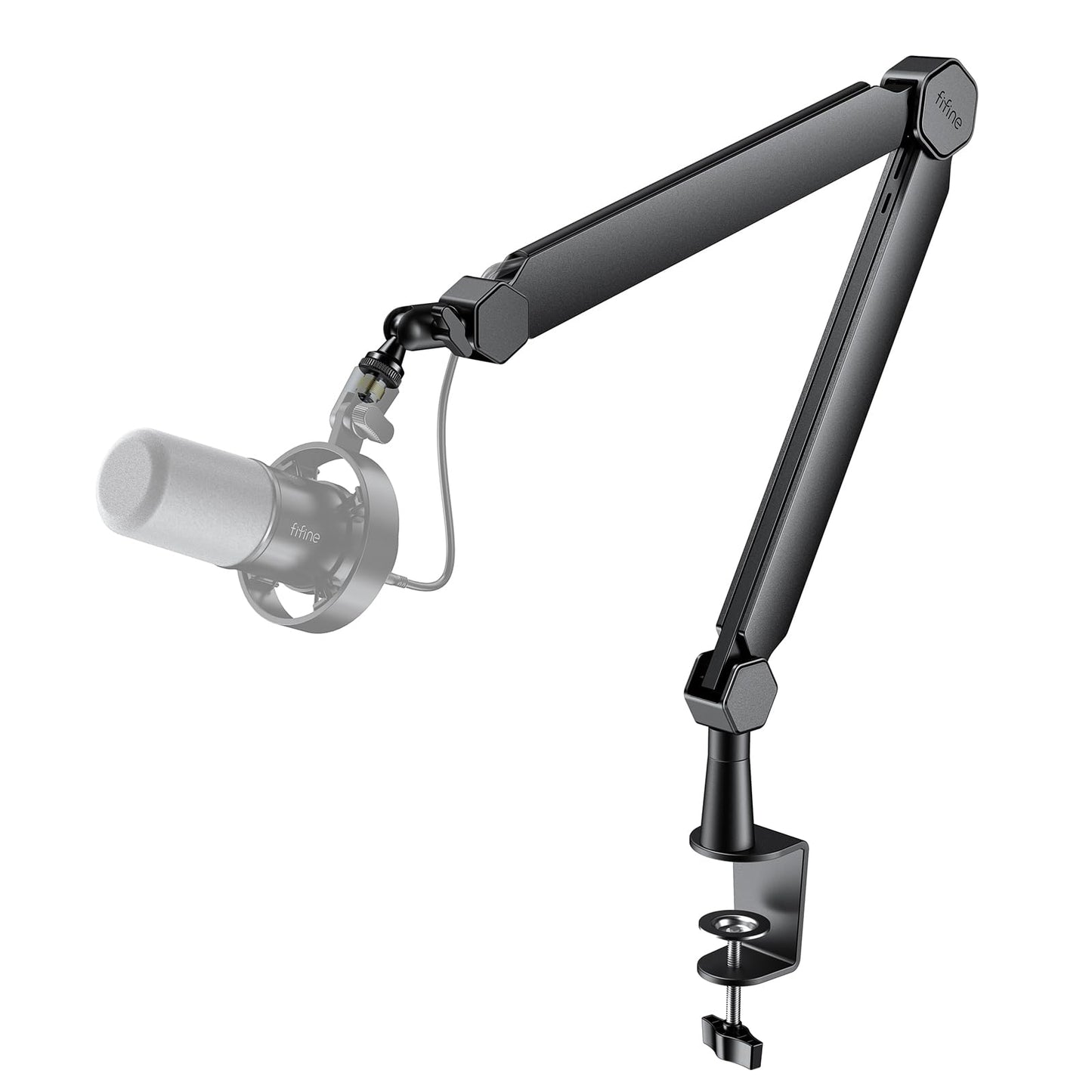 FIFINE Mic Arm Stand, Microphone Boom Arm with Desk Clamp, Cable Channels, 3/8 to 5/8 Threads, Heavy Metal Microphone Stand for