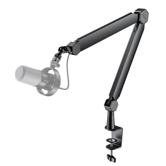 FIFINE Mic Arm Stand, Microphone Boom Arm with Desk Clamp, Cable Channels, 3/8 to 5/8 Threads, Heavy Metal Microphone Stand for