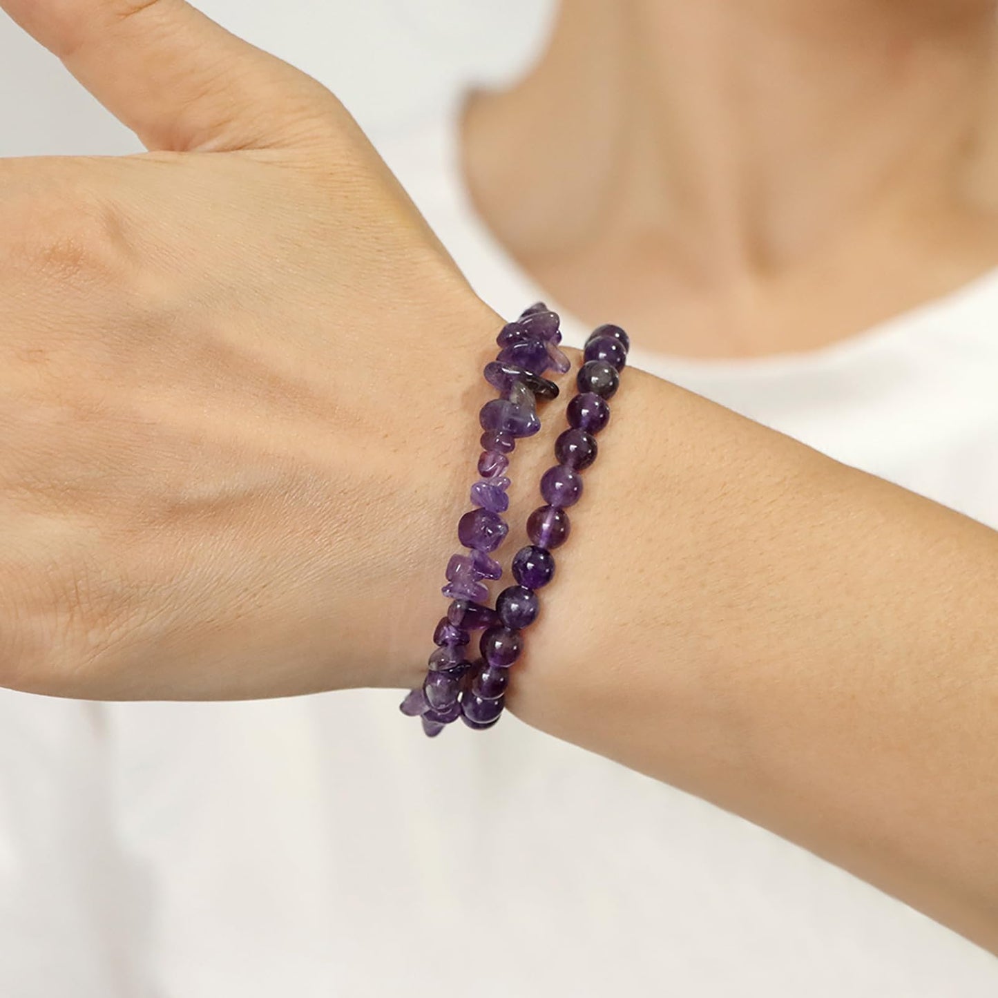 Lit Wall 2Pcs Unisex Adult Howlite Bracelet Set - 6mm Handmade Adjustable White Beaded Gemstone Bracelets - Stretch Bracelets - Strand Form - Howlite Stones - No Metal Type