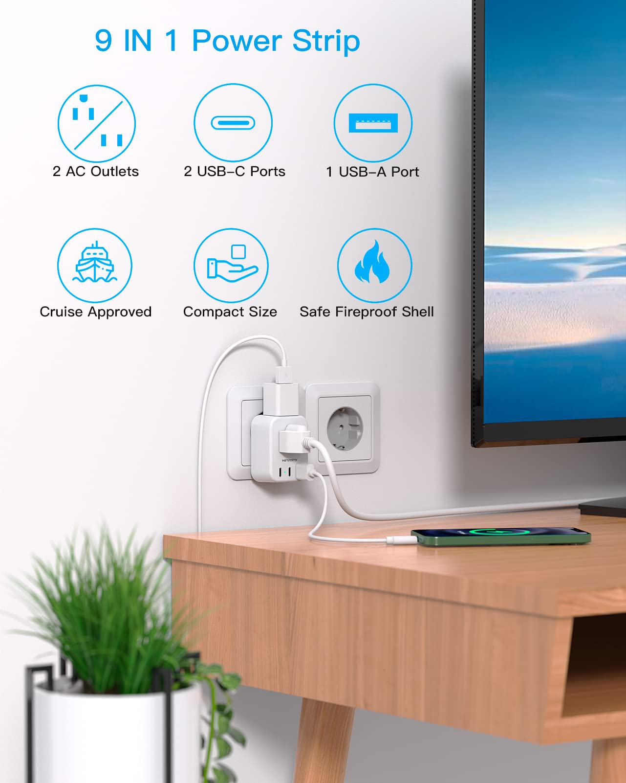 European Travel Plug Adapter Usb C, Hanycony International Plug Adapter, Us To Europe Adapter Plug 2 Outlets 3 Usb Ports(2 C Por