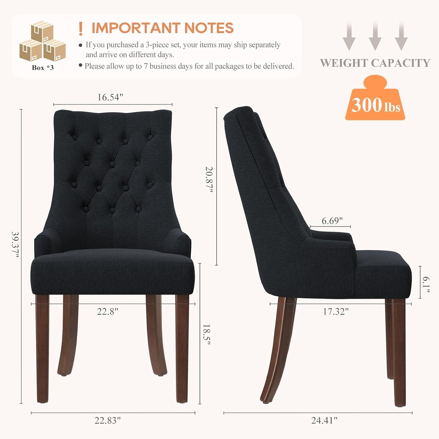 COLAMY Wingback Upholstered Side Dining Room Chairs Set of 6, Fabric Dining Chairs with Tufted Button, Living Room Chairs for Home Kitchen, Black
