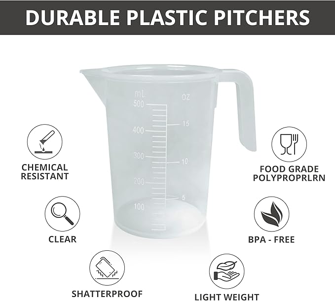 Stackable Plastic Measuring Cup, Graduated Measuring and Mixing Pitcher, Liquid Beaker Measuring Cups, BPA Free, Heavy Duty, Handle and Pour Spout - 500ml