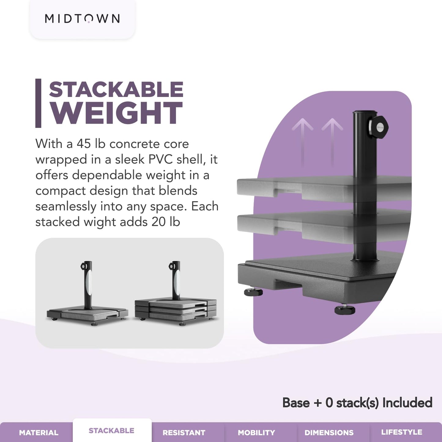Midtown Umbrellas - The Core Base - Patio Umbrella Base with Wheels. Aluminum Base Pole for Umbrella Poles of 1.5-2 Inches Diameter. Weather and Rust Resistant Umbrella Base (45, Pounds)