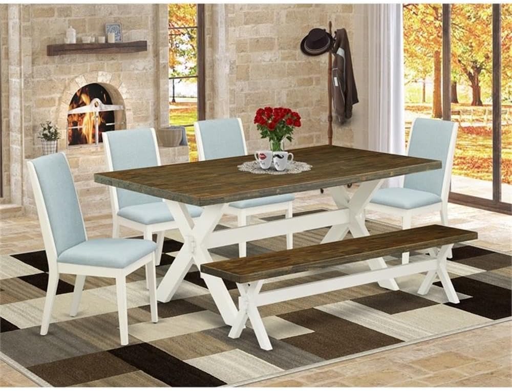 East West Furniture X077LA015-6 6 Piece Dining Set Contains a Rectangle Dining Room Table with X-Legs and 4 Baby Blue Linen Fabric Parson Chairs with a Bench, 40x72 Inch, Multi-Color