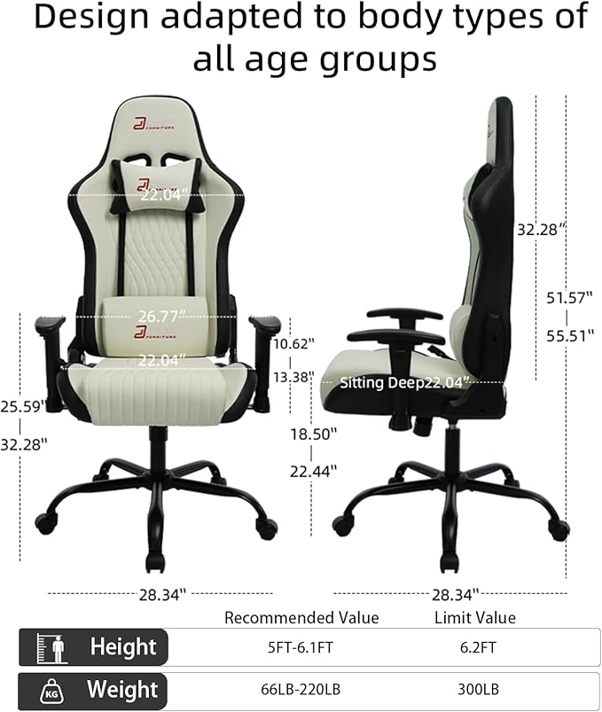 Video Game Chair Ergonomic Comfortable Gaming Office Chair Height-Adjustable with a 360° Swivel Base and Headrest(1002-White)