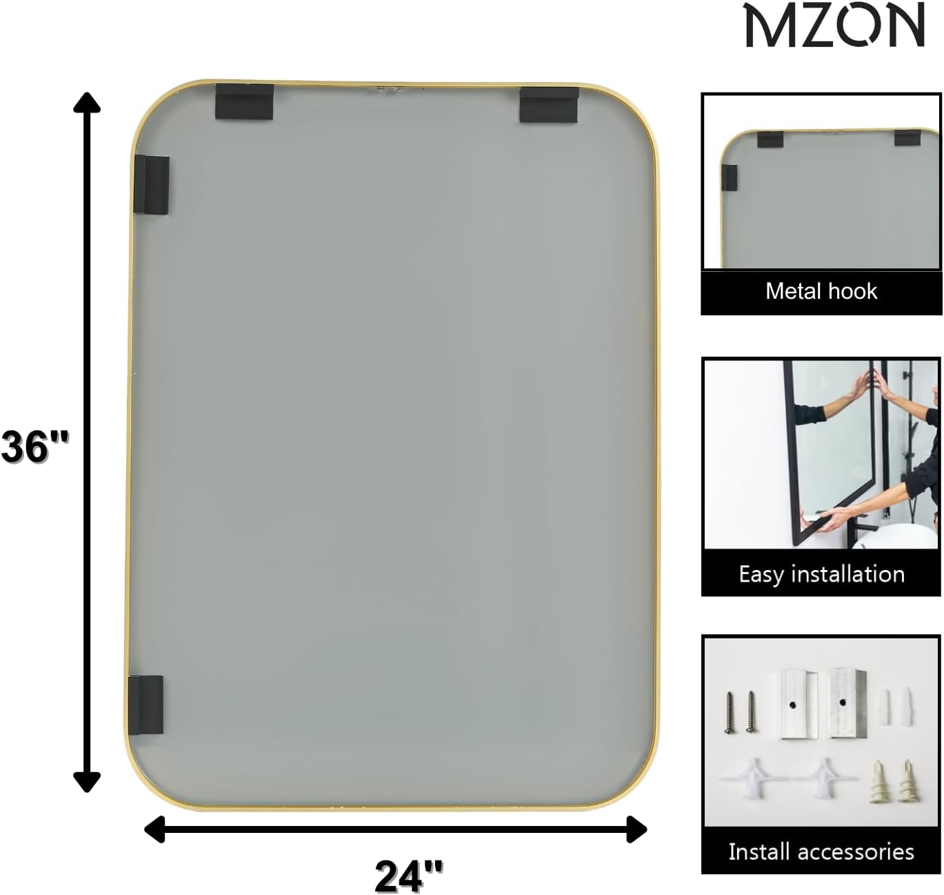 MZON 24x36 Inch Gold Bathroom Mirror – Brushed Gold Rectangular Vanity Mirror, Wall-Mounted, Anti-Rust Metal Frame, Tempered Glass, Vertical & Horizontal Hanging