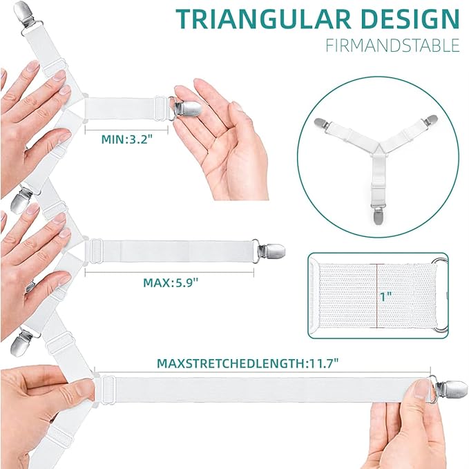 Bed Sheet Retainer Straps,Elasticated Adjustable Mattress Fitted Sheet Clips,Sheet Holder and Mattress Firm and Tight,for Anti-Slip and Anti-Wrinkle Sheets,Suitable of Mattresses,White