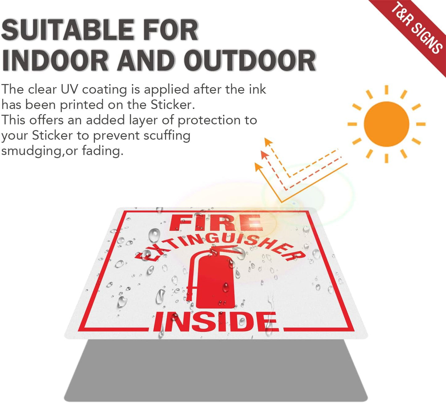 T&R Fire Extinguisher Inside Sign Stickers - 10 Pack - 3" x 3" Self-Adhesive Vinyl Reflective, UV resistant, Waterproof, Fade and Scratch Resistant, Suitable for Vehicles Indoor and Outdoor (Square)