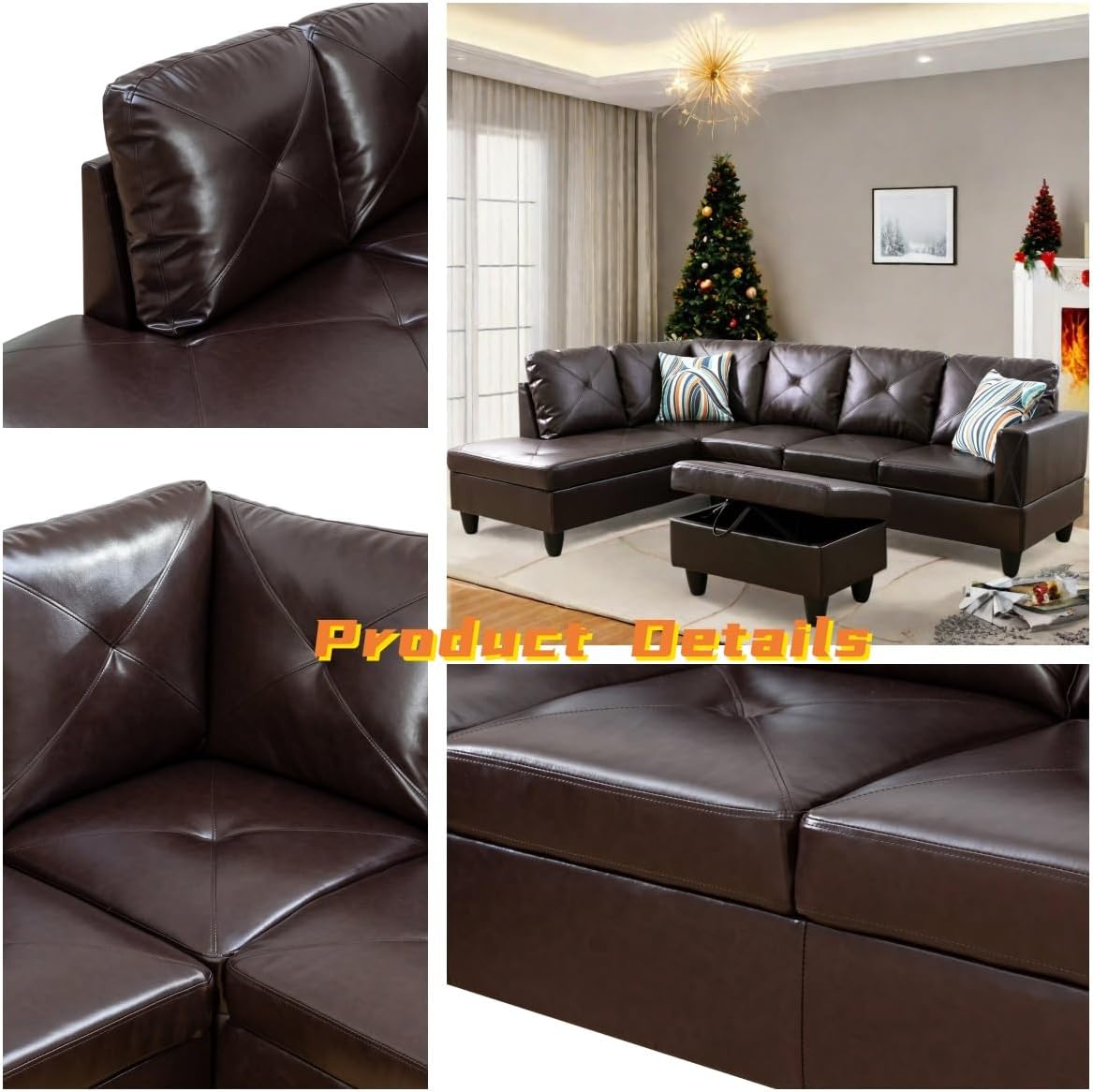 L Shaped Sectional Couch with Otttoman, 97" Leather Sectional Sofa for Living Room Modular Couches with Cup Holders for Bedroom, Apartments, Brown
