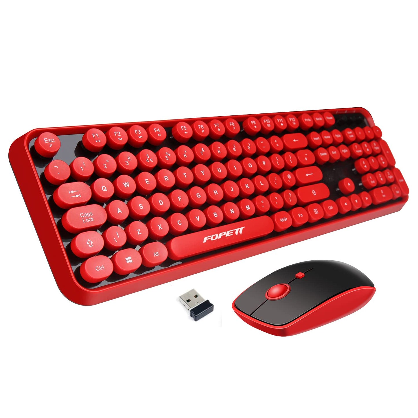 FOPETT Wireless Keyboard and Mouse Combo, 104 Keys Full-Sized 2.4 GHz Round Keycap Colorful Keyboards, USB Receiver Plug and Play, for Windows, Mac, PC, Laptop, Desktop (Black Red) -Like New