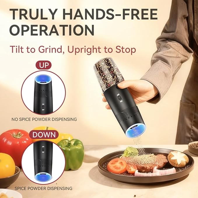 Gravity Electric Salt and Pepper Grinder Set Automatic Shakers Upgraded Pepper Mill with Rechargeable Base, External Adjustable Coarseness, LED Light, Easy Refill for Kitchen & Outdoor, Gift Giving