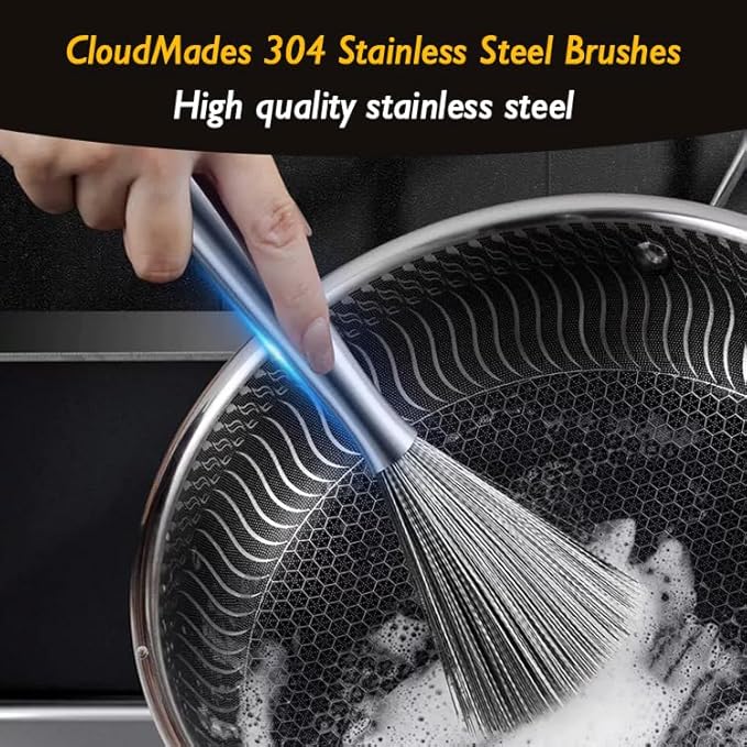 Stainless Steel Dish Brush with Handle, Metal Steel Wool Scrubber for Cast lron, Cookware, Pot(2 PCS)