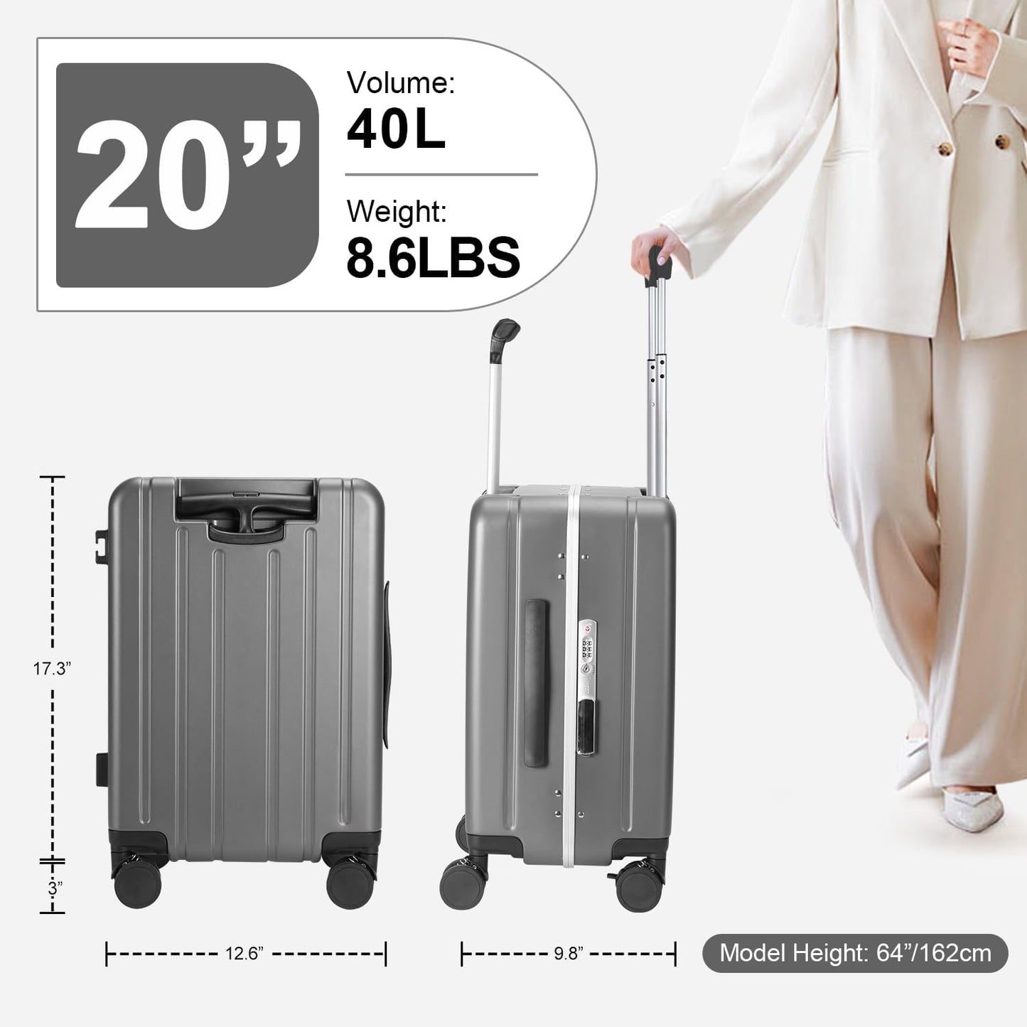 MRPLUM Carry On Luggage Double Handle Suitcase with Net Pocket,Hard Shell Spinner Wheels Luggage with TSA Lock&Seat Belt,20 inch,Grey
