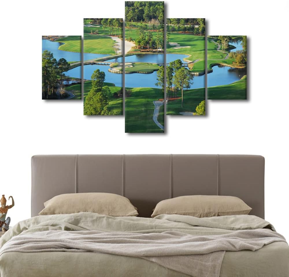 Wall Paintings for Living Room Golf Course Scenery Pictures Green Lawn Artwork HD Prints Multi Panel Canvas Wall Art Contemporary Home Decorations Giclee Framed Stretched Ready to Hang - 60"W x 40"H