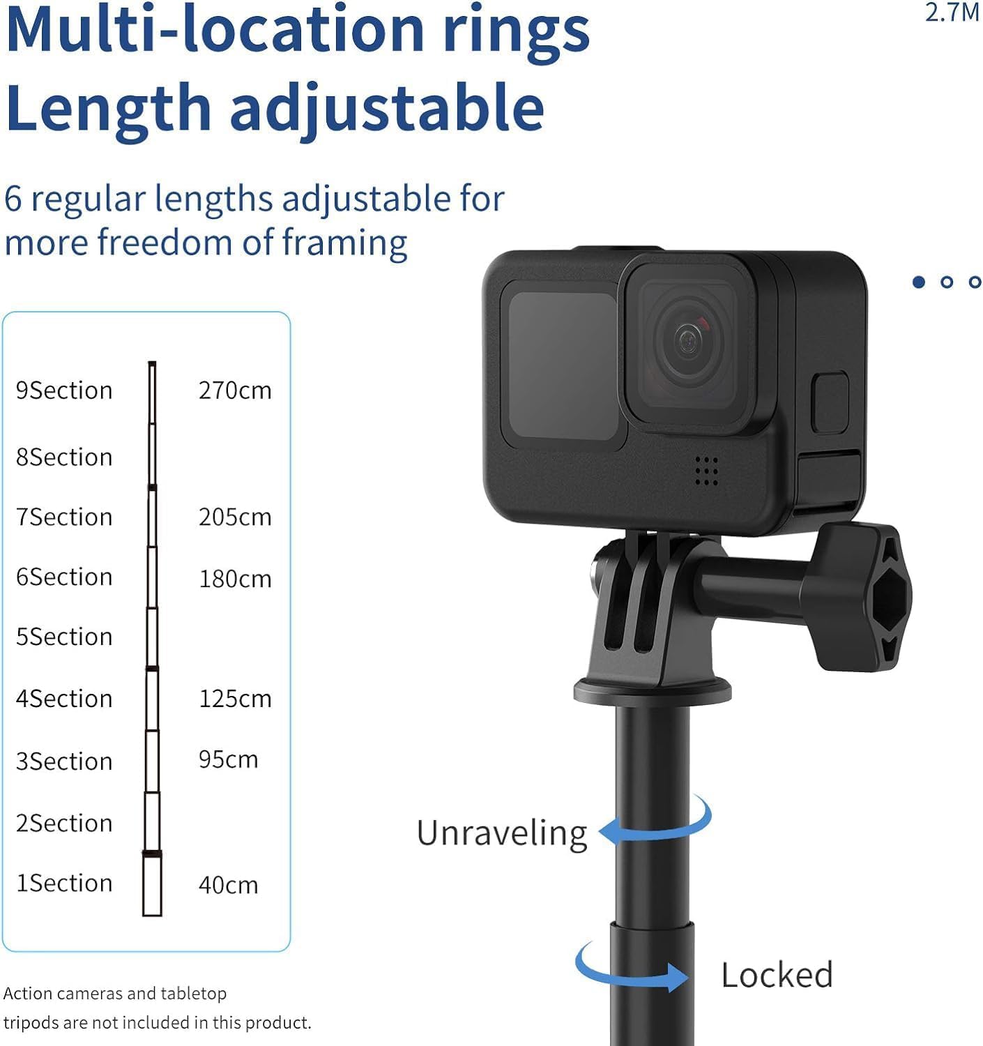 Long Selfie Stick Pole (106"), Extension Carbon Fiber Waterproof Dive Monopod for GoPro Max Go Pro 13 12 11 10 9 8,Insta360 X5 X4 Go3 Ace Pro,DJI Osmo 360 Action 4 5 Pocket 3 Bike Motorcycle Accessory