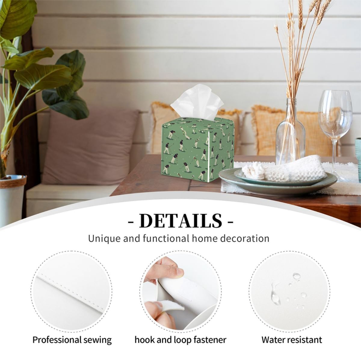 Square Leather Tissue Box Cover, Waterproof Napkin Dispenser with Golf Theme Golf Player Print, Tissue Holder for Bathroom, Living Room, Bedroom, Office, and Car Decor