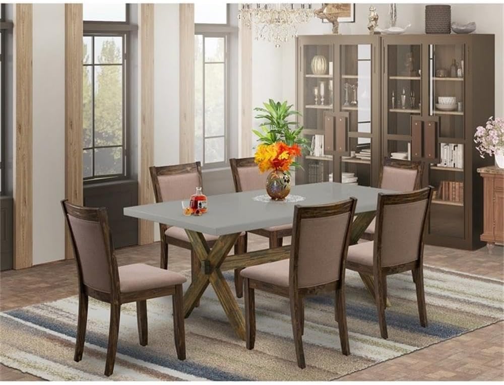 East West Furniture X797MZ748-7 7 Piece Dining Room Furniture Set Consist of a Rectangle Dining Table with X-Legs and 6 Coffee Linen Fabric Upholstered Chairs, 40x72 Inch, Multi-Color