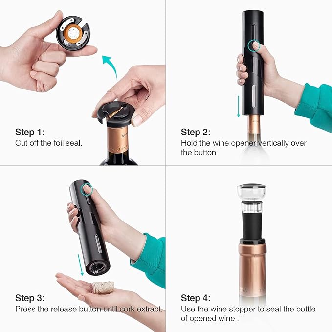 Electric Corkscrew Set with Battery, Drip-free Pourer, Wine Vacuum Stopper, and Foil Cutter, Gift Set, Black (SET USB)