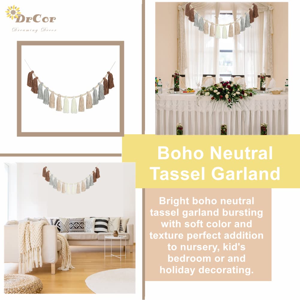 DrCor Neutral Boho Tassel Garland – Handmade Cream, Brown & Gray Yarn Banner for Nursery, Baby Shower, Birthday Party, Rustic Farmhouse Wall Hanging & Warm Cozy Home Decor
