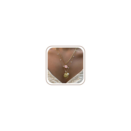 Drogomen Shell Necklaces for Women Layered Beach Charm Necklace Sea Shell Starfish Necklace Bohemian Surfer Beachy Summer Jewelry Vacation Outfits for Women (AP)