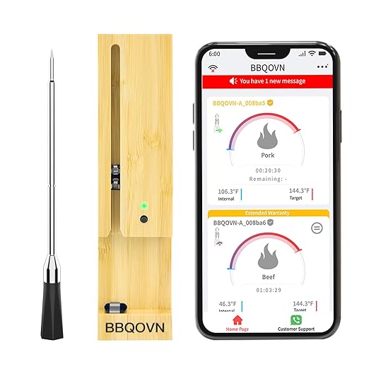Smart Wireless Meat Thermometer Zero Wire with APP Remote Bluetooth Meat Thermometer, Food Thermometer for Remote Monitoring of BBQ Grill, Oven,Smoker,Pan (1, Black, Small)
