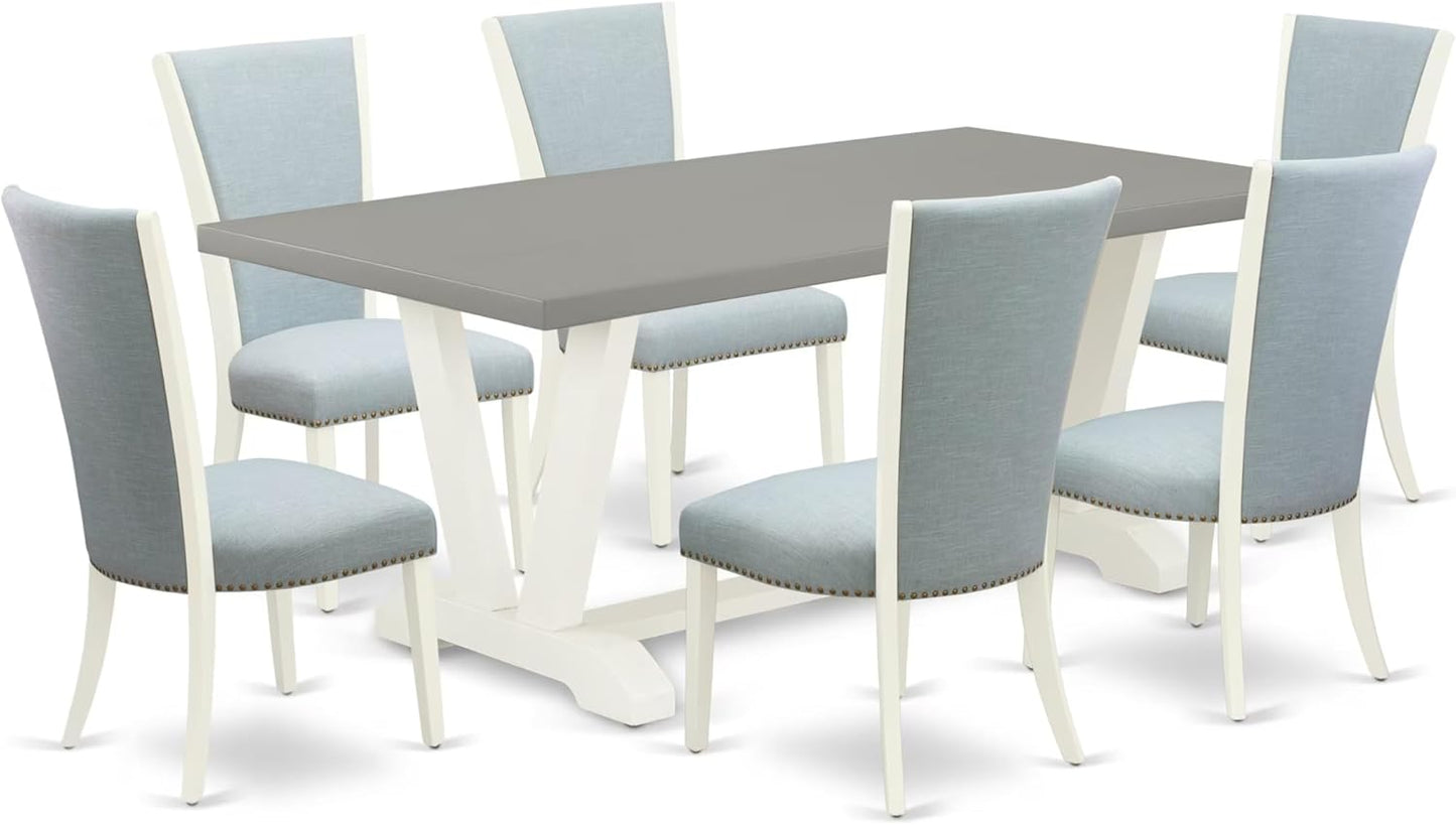 East West Furniture V097VE215-7 7 Piece Dining Table Set Consist of a Rectangle Dining Room Table with V-Legs and 6 Baby Blue Linen Fabric Upholstered Chairs, 40x72 Inch, Multi-Color
