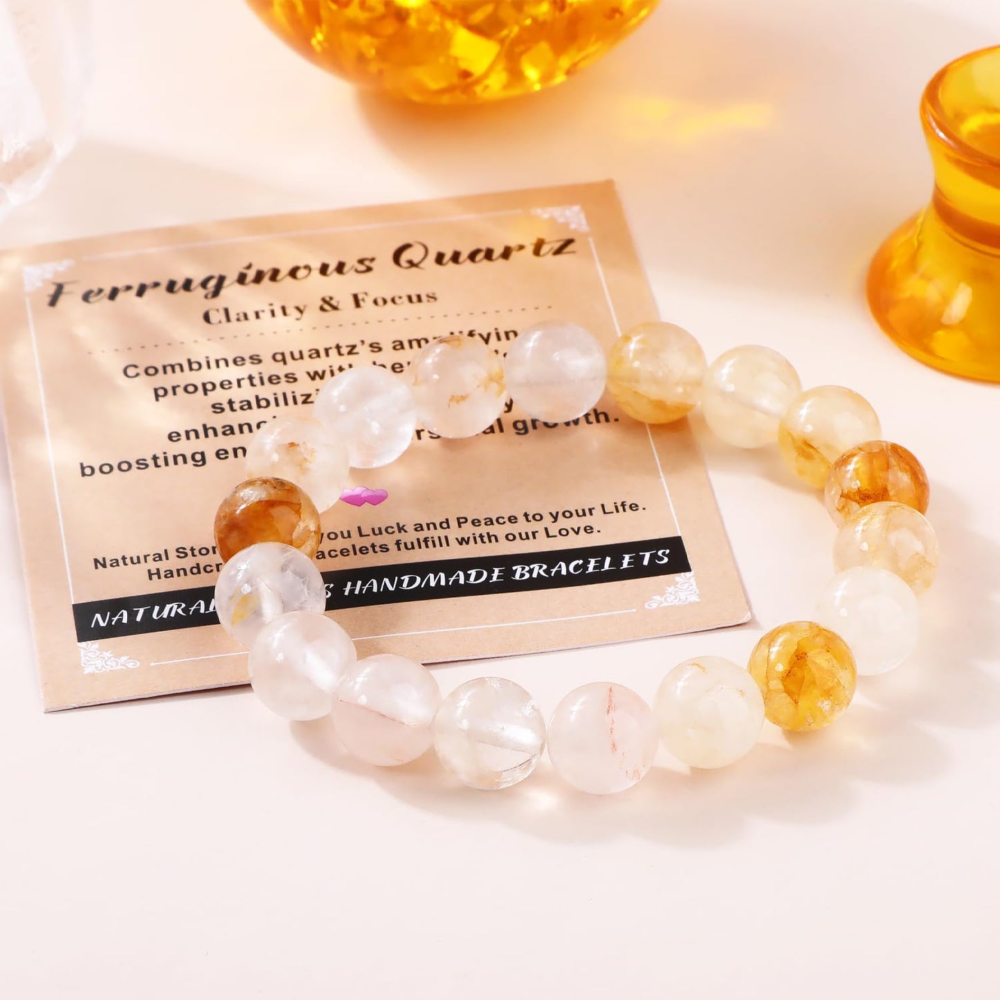 AD Beads 4mm Handmade Ferruginous Quartz Elastic Bracelet – Natural Gemstone for Clarity & Focus – Meditation, Yoga, Healing and Energy Gift for Men Women