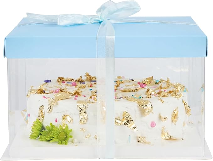 Restaurantware-Sweet Vision 10 Inch x 8.25 Inch Transparent Cake Boxes, 10 Grease Resistant Base Clear Cake Boxes - Blue Lid, Blue Ribbon, Plastic Birthday Box, For Weddings Or Birthdays