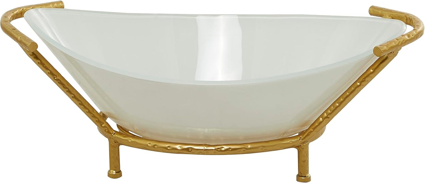 Deco 79 CosmoLiving by Cosmopolitan Glass Kitchen Serving Bowl with Gold Metal Stand, 25" x 14" x 9", White