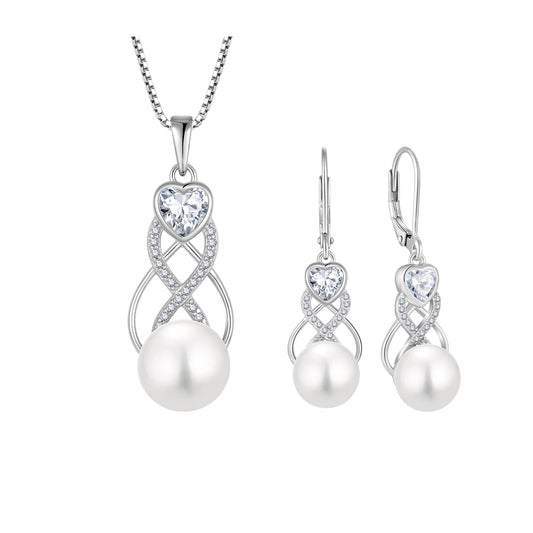 Pearl Earrings Necklace Jewelry Set for Women 925 Sterling Silver Heart Simulated Diamond Freshwater Pearl Jewelry Gift for Her