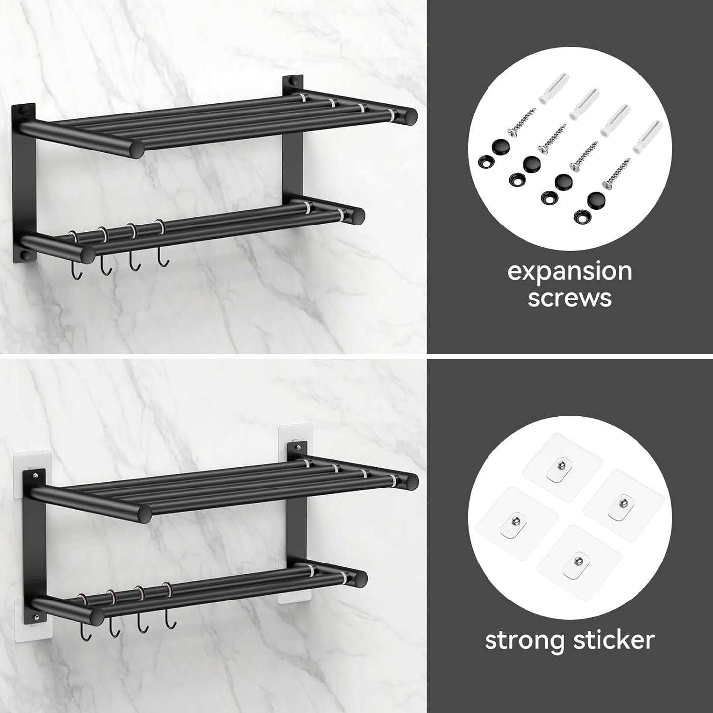 Black Adjustable Black Towel Bar for Bathroom Wall Mount17-30.7inch Adhesive Shower Towel Rack Stainless Steel Bath Towel Holders for Toilet Kitchen Double Towel Hanger