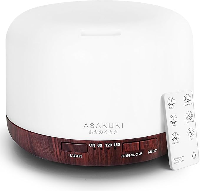 ASAKUKI Essential Oil Diffuser for Home, 500ml Aromatherapy Fragrant Oil Humidifier Vaporizer, 7-Color Light and Auto-Off Safety Switch (Reddish-Brown)