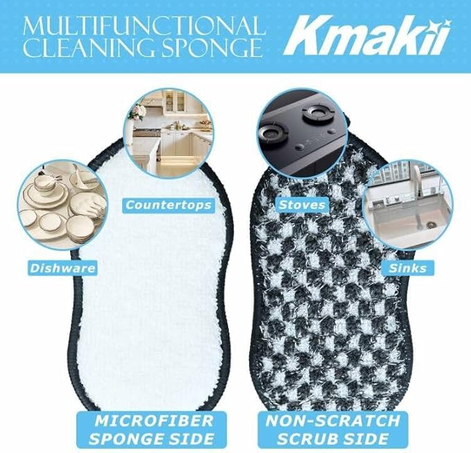 KMAKII Bamboo Fiber Scrub Sponges, Non-Scratch & Durable,6.3 × 3.1 inches, Black, 4-Pack