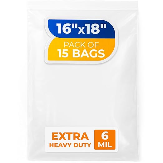 16" x 18" Large Zip Seal Lock Bags, 6 Mil (Pack of 15) – Heavy-Duty Reclosable Plastic Bags – Clear, Resealable, Waterproof – For Storing and Organizing Clothes, Jewelry, and Travel Items