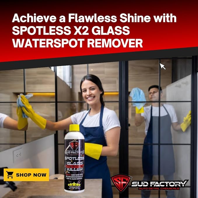 Sud Factory Spotless X2 Upgraded Glass Hard Water Spot Remover for Cars, Shower Doors, Windows, Homes & Boats - 16oz