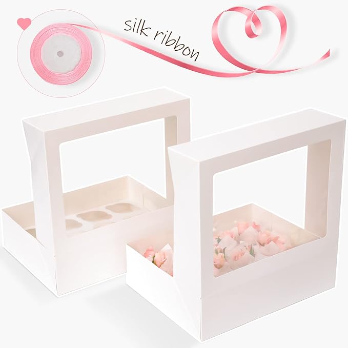 Bakepacker Auto-pop Up Cupcake Boxes with Window White 20PCS 12 Count Cupcake Box 13"x10"x3.5" Cupcakes Carrier, 12 Cupcake Containers with rolls of pink ribbons