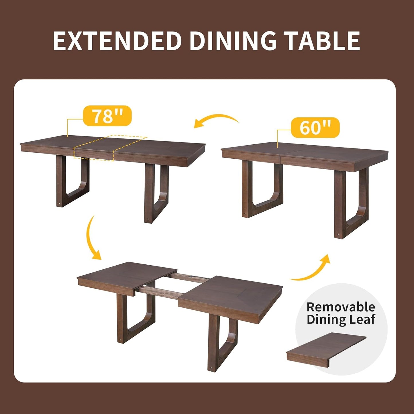 Merax 7 Piece Extendable Wooden Dining Table Set, Farmhouse Extendable with 18" Move Leaf, 78" Rustic and 6 Upholstered Chairs for Kitchen Room, Brown