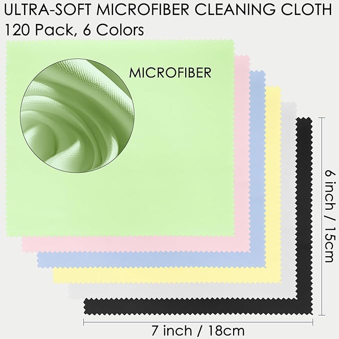 120 Pack Microfiber Cleaning Cloths for Glasses Cloth Eyeglass Cleaning Wipes 7" x 6" Lens Cleaning Cloth for Screens, Cameras, Eyeglasses, Cell Phone, LCD TV Screens, 6 Colors