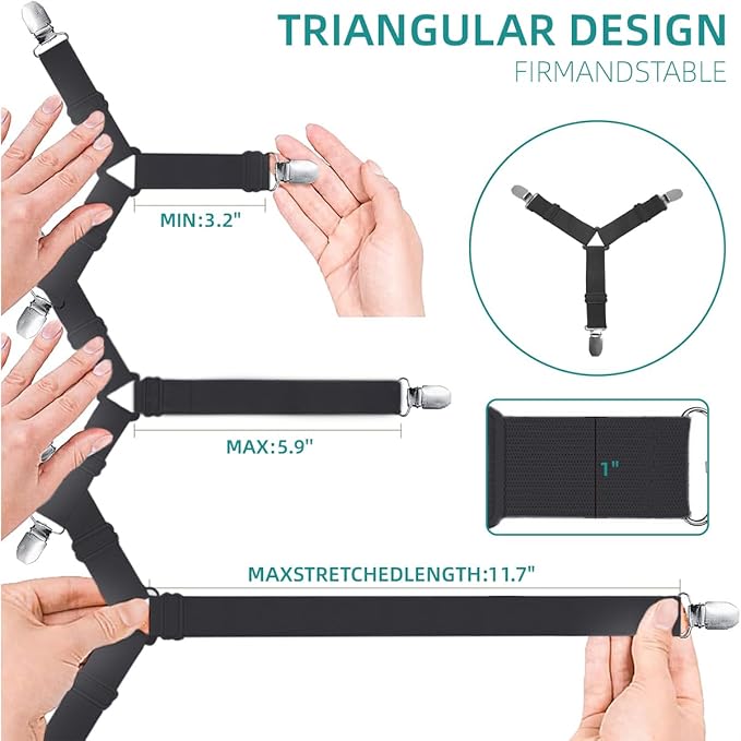 Sheet Retainer Straps,Elasticated Adjustable Mattress Sheet Clip Retainer,Keeps Sheets and Mattress Firm and Tight,for Anti-Slip and Anti-Wrinkle Sheets,Suitable of Mattresses,Black