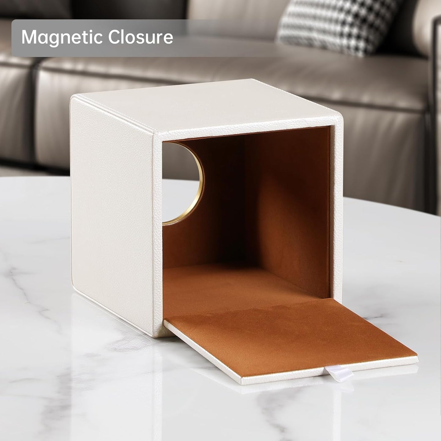 Square Tissue Box Cover, Luxury PU Leather Tissue Holder with Magnetic Closure (Beige)