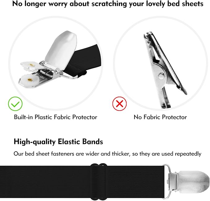 Bed Sheet Holder Straps, 4+2 Pcs Adjustable Mattress Sheet Clips, Bed Sheet Fasteners Elastic Sheet Suspenders to Keep Bed Sheet in Place for Different Beds (Black)