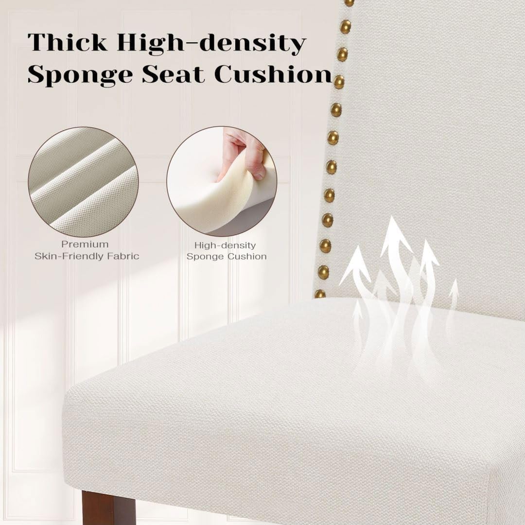 Kitchen Chairs Set of 6 Modern Upholstered Fabric Seat with Nailhead Trim and Ergonomic Lumbar Support for Living Room and Rustic Farmhouse Dining Area, Beige
